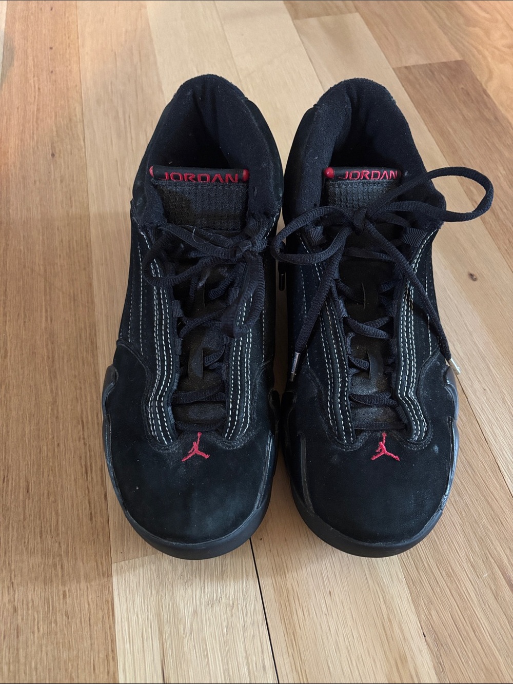 Nike Jordan 14 Retro Men’s Black Suede Sneakers with Red Jumpman Accents size 9
